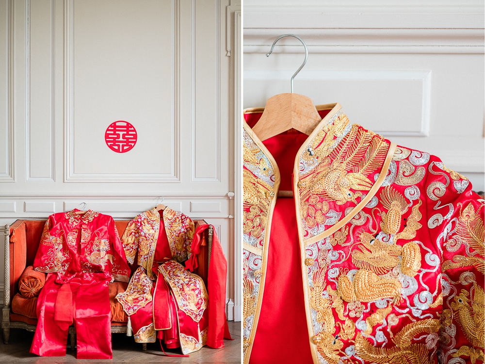 Les tenues d'un mariage de tradition chinoise au Château de Varennes