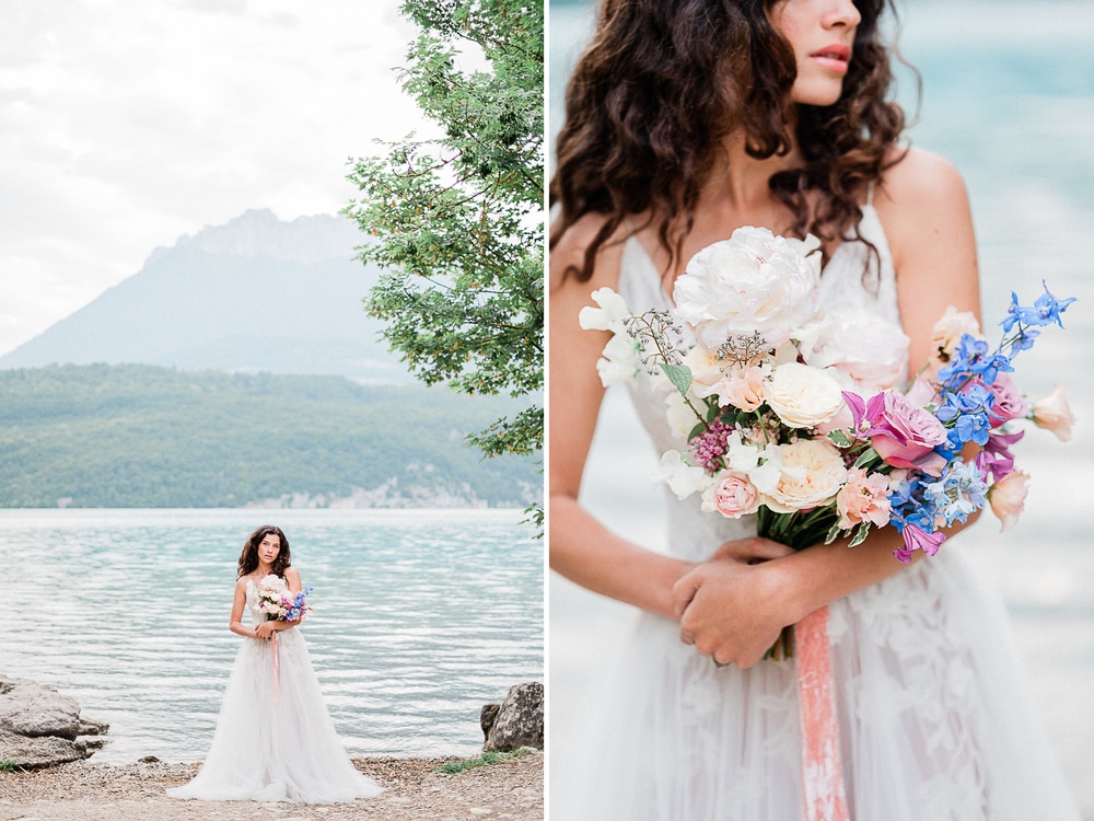 Shoot éditorial au Lac d'Annecy sur le thème du mariage, situé en Haute-Savoie, au cœur de la région Auvergne-Rhône-Alpes