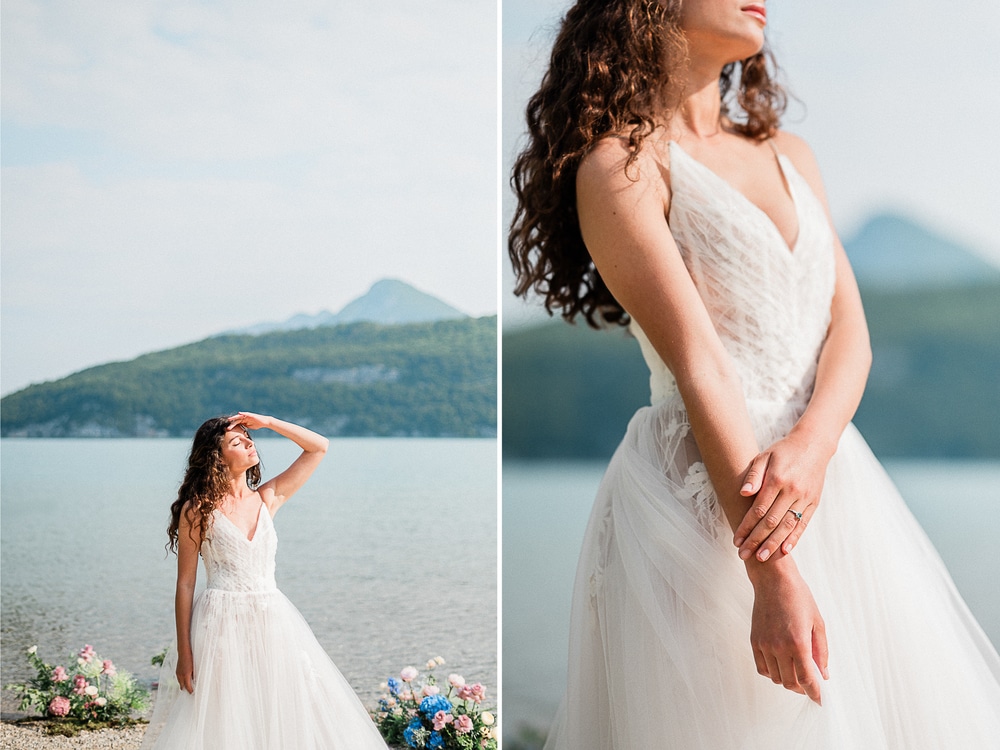 Shoot éditorial au Lac d'Annecy sur le thème du mariage, situé en Haute-Savoie, au cœur de la région Auvergne-Rhône-Alpes, en hommage au peintre britannique John William Waterhouse