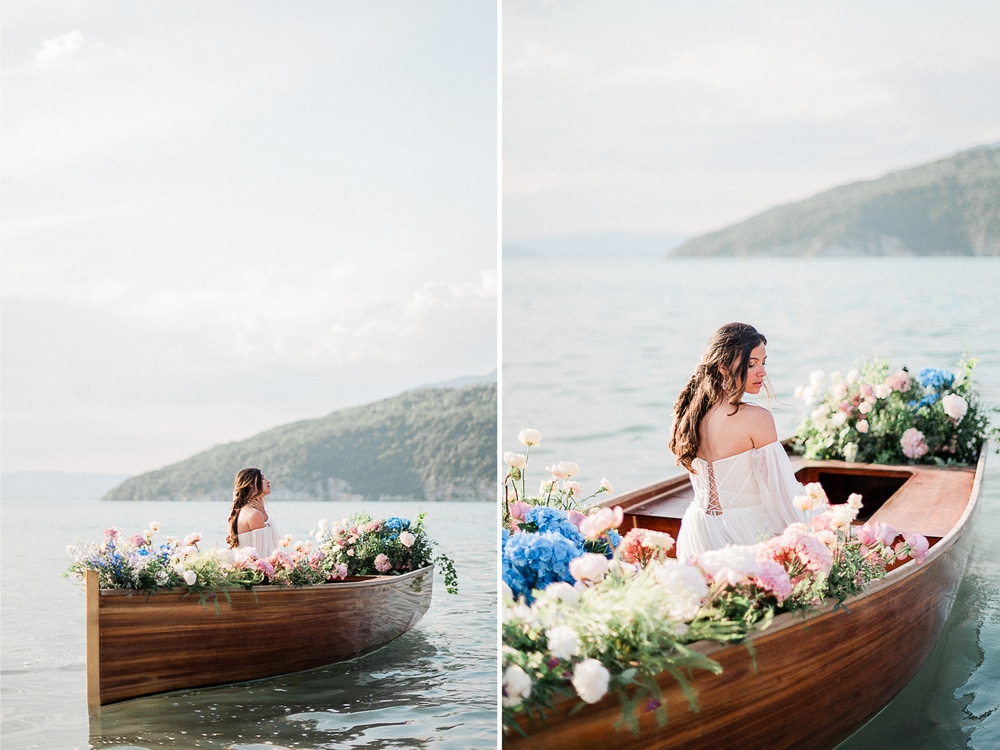 Shoot éditorial au Lac d'Annecy sur le thème du mariage, situé en Haute-Savoie, au cœur de la région Auvergne-Rhône-Alpes, en hommage au peintre britannique John William Waterhouse